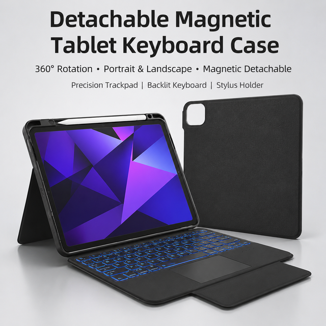 OEM 360 Rotating Tablet Keyboard Case with Touchpad, Detachable Magnetic Cover, Backlit Keys and Stylus Holder for Wholesale