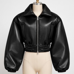 Black Faux Leather Cropped Bomber <b>Jacket</b> for <b>Women</b> Puff Sleeves Elastic Waist <b>Zip</b> <b>up</b> Winter Outerwear - Product Image 4
