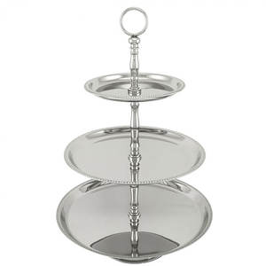 Soporte de pastel de tres niveles con acabado pulido brillante de acero inoxidable para uso en alimentos de frutas, aniversario de bodas y eventos - Product Image 1