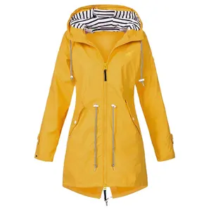 लंबी Hooded वन रेनकोट महिलाओं निविड़ अंधकार बारिश जैकेट आउटडोर लंबी आस्तीन पीला आरामदायक शरद ऋतु जैकेट