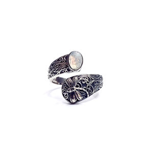 Elegant Oval Moonstone 925 <b>Sterling</b> <b>Silver</b> <b>Ring</b> Handmade Blue Flash Gemstone <b>Adjustable</b> Insect Textured Band - Product Image 1