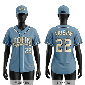 เสื้อเบสบอลหญิง พรีเมียม ผ้าโพลีเอสเตอร์ 180 GSM ระบายอากาศได้ดี สีฟ้าอ่อน แขนเสื้อตัดต่อสีตัดกัน ปักโลโก้ตามสั่ง - Product Image 1