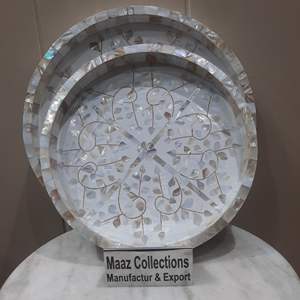Plateau rond en nacre moderne écologique avec poignées en bois Plateau de service décoratif au meilleur prix pour le Ramadan fait à la main en Inde - Product Image 4