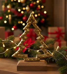 Arbre de Noël moderne en métal doré, ornement de Noël autoportant en métal martelé, finition en laiton, centre de table de décoration pour la maison de vacances - Product Image 1