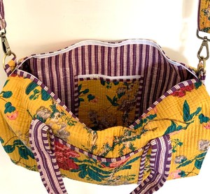 กระเป๋าเดินทาง/กระเป๋าออกกำลังกาย/กระเป๋าโยคะ ผ้าฝ้ายพิมพ์ลายบล็อก ทำมือ ทนทาน หรูหรา ซับในสีเหลืองม่วง ปิดด้วยซิป - Product Image 4