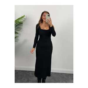 เดรสสีดำลำลอง คอเหลี่ยม แขนยาว ผ้าออตโตมัน เอวธรรมชาติ แขนยาว - Product Image 2