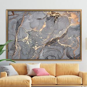 Lujoso lienzo impreso con diseño de mármol gris y dorado - Decoración abstracta moderna, 1P: Marco dorado - Product Image 1