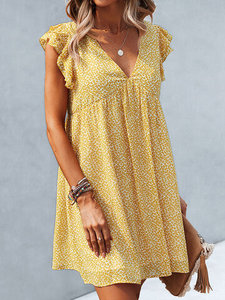 Vestido de Chifón con Estampado Floral y Cuello en V, Personalizado, Talla Grande, Sexy, Casual, con Volantes, Manga Corta, Decoración con Patrón de Princesa - Product Image 4