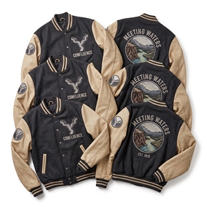 Wholesale Varsity Coat Supplier <b>Burgundy</b> Wool Letterman <b>Jacket</b> River Nature Embroidery Beige <b>Leather</b> Sleeves Outerwear - Product Image 3