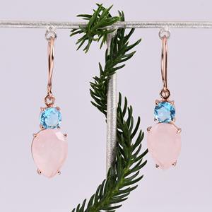 Pendiente chapado en oro de Plata de Ley 925, colección de pendientes de Topacio azul natural y cuarzo rosa Pendiente de moda para boda. - Product Image 5