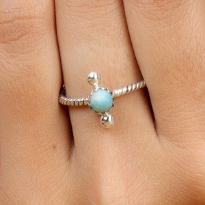 New Arrival Solid 925 Sterling Silver Natural Larimar 7mm Round Cabochon Gemstone Bezel Setting Eternity Vermeil Ring For Lady - Product Image 5