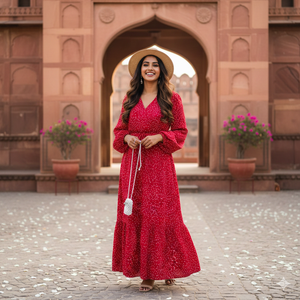 Robe longue Unity Luxure pour femme en crêpe de rayonne premium, rouge à pois, manches longues, col en V, évasée, décontractée et idéale pour les vacances - Product Image 1