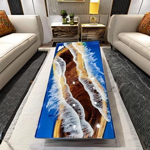 Table à manger moderne en bois d'acacia artisanal de luxe avec plateau en résine époxy à bord vif et ton chaud pour le salon - Product Image 1