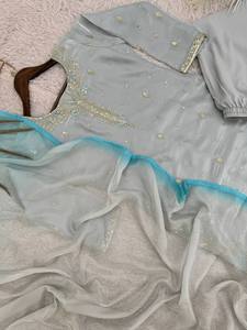 Ensemble Sharara élégant pour occasions festives, Kurti avec travail de paillettes de 9 mm, doublure micro, taille élastique Sharara et dupatta en tulle doux de 2,2 m - Product Image 6