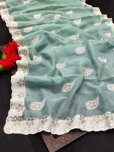 Saris de seda de organza para mujer, adornados con perlas de diamantes de Swarovski, bordado de hilo blanco - Product Image 2