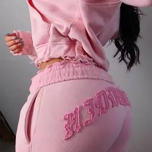 Custom Patch Embroidery Washed Cropped <b>Oversized</b> Distressed Acid Wash Zip up <b>Sweatpants</b> and Hoodie Womens - Product Image 1