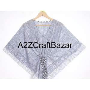 Robe kaftan mi-longue bohème sexy en coton 100% fait main, imprimé floral, col en V, manches courtes, silhouette moulante, volants, pompons - Product Image 3