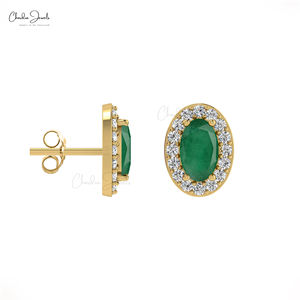 Handmade 14k Solid Gold Diamond Halo <b>Studs</b> 5x3mm Oval Cut <b>Emerald</b> Gemstone Bridal <b>Studs</b> May Birthstone Jewelry - Product Image 6