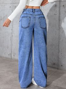 Jeans pour femmes Street Style taille haute droite jambe large pantalons longs en gros décontracté jean en denim lavé - Product Image 3