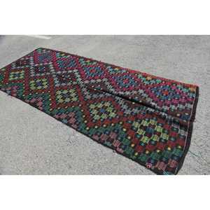 Alfombra Vintage, Alfombra Turca Grande de 4.5x11 pies, Alfombra de Lana a Cuadros Azul y Roja - Product Image 4