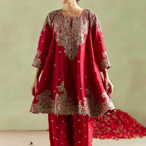 2024 Party-Wear Short Anarkali <b>Top</b> & Plazo Pant Dress Stunning Embroidery <b>Crystal</b> Glass Beads Dabka Work Mini Lace Decoration - Product Image 1