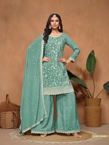Costume élégant traditionnel ethnique pour femmes Chinon brodé Sharara ensemble tenue de fête indienne pakistanaise avec Dupatta Salwar Kameez - Product Image 3