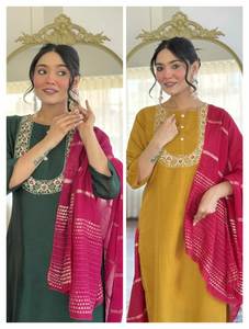 Celebre su estilo con nuestro más hermoso bordado de tela de seda VICHITRA trabajo étnico elegante Kurti SET/vestido tradicional - Product Image 5