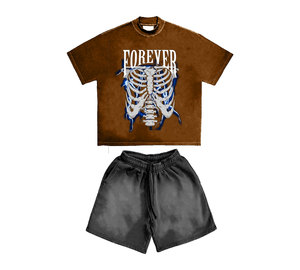 Conjunto de camiseta gráfica de verano de dos piezas y pantalones cortos lavados con sol desteñido para hombres 100% algodón de talla grande transpirable y térmico - Product Image 4