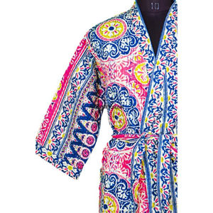 Eco Friendly Vintage Floral Colorful 100% Cotton <b>Long</b> Women <b>Kimono</b> Kantha Winter <b>Robe</b> Fabric Ethnic Traditional Indian Handmade - Product Image 4