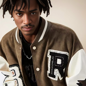 Veste de baseball universitaire pour homme personnalisable |   Veste de moto épaisse et écologique à col montant avec patch brodé - Product Image 5