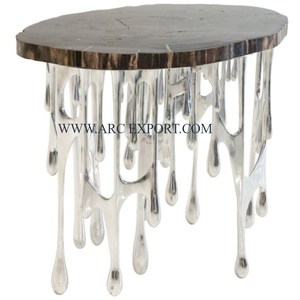 Base en acier inoxydable et métal poli miroir Table console au design élégant avec plateau en bois Table console de chambre à coucher de qualité exclusive - Product Image 1