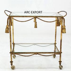 Antique Large Serving <b>Trolley</b> with Clear Metal 2 Tiers Unique Golden Metal Decoration for Tableware Use - Product Image 2