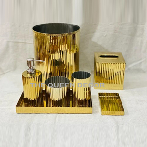 ชุดอาบน้ำโลหะอะลูมิเนียมดีไซน์รูปใบไม้สวยงาม6ชิ้นพร้อมฐานไม้รูปทรงสี่เหลี่ยมสีเงินและสีทอง - Product Image 5