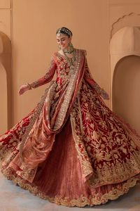 2023 Indian/Pakistani Heavy Embroidery <b>Bridal</b> <b>Jacket</b> Lehenga Dress Silk Cotton Material with Crystal Glass Beadsstone Dabka Work - Product Image 2
