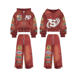 Conjunto Deportivo Informal de Pantalones Deportivos Anchos con Pedrería y Sudadera con Capucha, Estilo Urbano, Lavado Ácido Desgastado Personalizado - Product Image 1