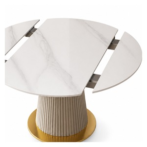 Table à manger en métal à hauteur réglable, aspect marbre blanc, base plissée dorée extensible, mobilier de restaurant moderne - Product Image 3