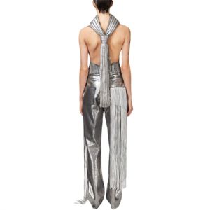 Pantalon cargo en satin P Mirow N1 taille moyenne argentée taille élastique coupe décontractée avec poches latérales et détail froncé - Product Image 6