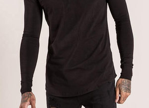 Black Color Long Sleeve Ribbed Cuff <b>Curved</b> <b>Hem</b> <b>Men</b> <b>T</b>-<b>shirt</b> High Quality 65% Polyester 35% Cotton 140gsm Black Colour <b>t</b> <b>Shirts</b> - Product Image 4