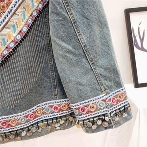 Chaqueta vaquera azul para mujer de la mejor calidad, cadena con borlas bordadas, lavado con agua, abrigo informal de talla grande con chaqueta vaquera grande - Product Image 4