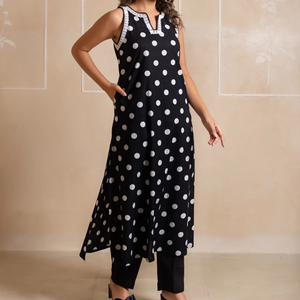 Conjunto de Kurta de Algodón con Estampado de Lunares para Mujer, Estampado Floral, Ropa Casual, Conjunto de Kurta sin Mangas con Pantalones, Regalo para Ella - Product Image 1