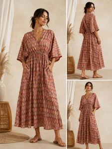Vestido Maxi Estampado Floral Verde con Cuello en V y Manga 3/4, Ajuste Holgado, Estilo Bohemio Casual de Verano para Mujer, Lavable Digitalmente, Cintura Natural - Product Image 5