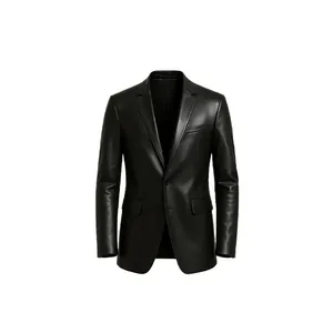 Men's Black <b>Leather</b> <b>Blazer</b> Long Fashion Style Double and Single Breasted Closure Printed Pattern Plus Size Knitted Fabric - Product Image 1