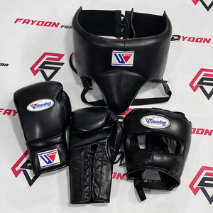 Ensemble d'équipement de boxe en cuir de vachette véritable noir, comprenant des gants de boxe, une protection de la tête et une protection de l'aine, pour l'entraînement et la combat de kickboxing - Product Image 1