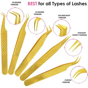 Ensemble professionnel de 5 pinces à épiler en acier inoxydable doré pour extensions de cils, outils de beauté pour volume, droites, courbées, applicateur 45/90, 10 mm - Product Image 2