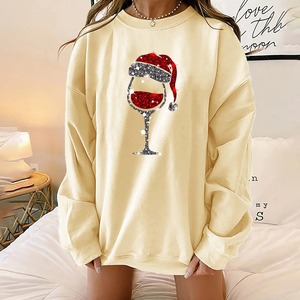 Sudaderas navideñas informales sueltas para mujer, Color sólido, sombrero rojo, copa de vino, gráfico, manga larga, cuello redondo, suéter - Product Image 5