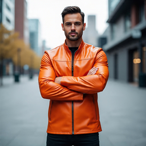 แจ็คเก็ตหนังบุนวมมีซิปสำหรับผู้ชายเสื้อโค้ทหนังสไตล์วินเทจ - Product Image 4