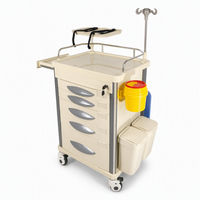 Chariot médical en aluminium avec 5 tiroirs verrouillables, séparateurs, garde-corps en acier inoxydable, support pour poteau IV, étagère pour défibrillateur et roues silencieuses. Utilisation en unité de soins intensifs/d'urgence hospitalière