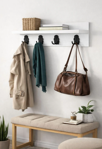 <b>Wall</b> <b>Mounted</b> Wooden <b>Shelf</b> with Hooks Entryway Coat Rack Decorative <b>Wall</b> Organizer White Color - Product Image 6