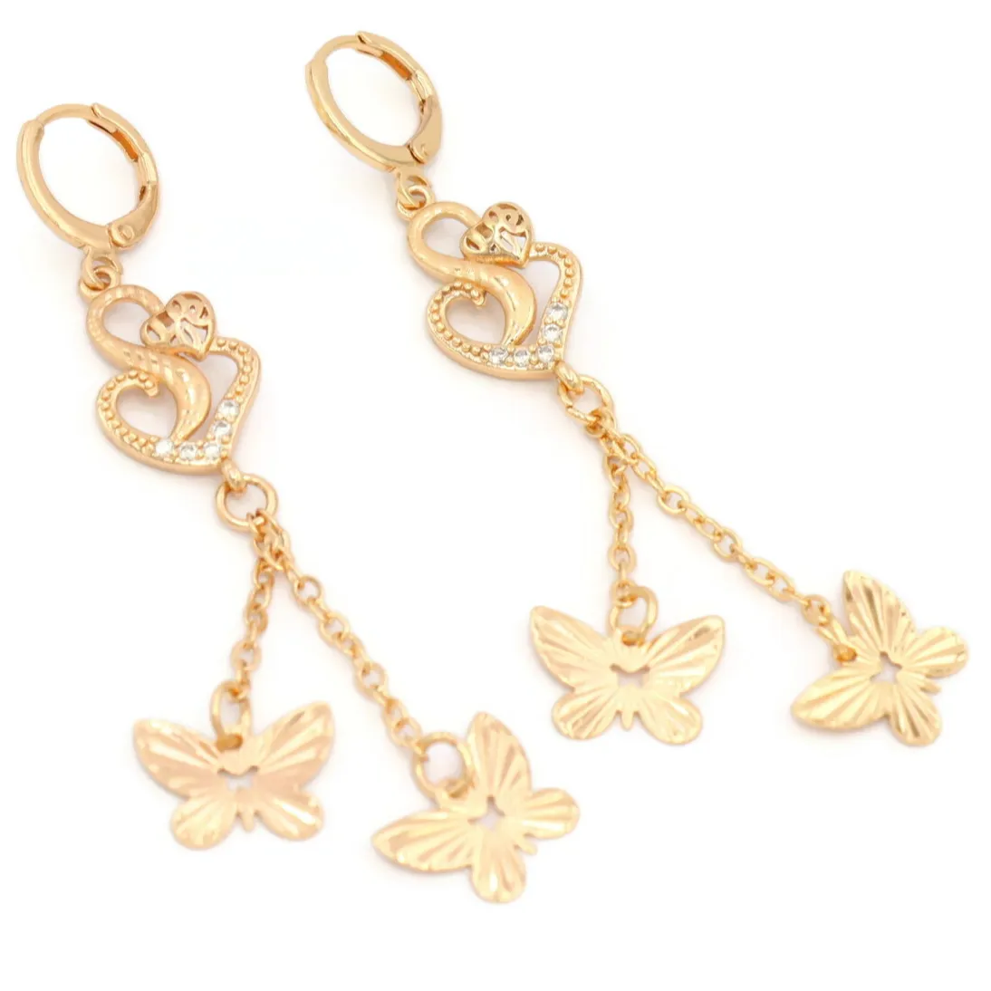 Charming Heart Design Laser Printed American Diamond Butterfly Design Hanging Rose Gold Plated Long Earring