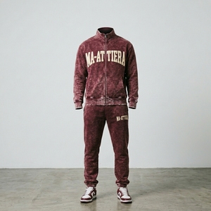 Men's Burgundy Maroon Acid Wash <b>Zip</b> <b>Up</b> Tracksuit Set Embroidered <b>Jacket</b> Jogger Pants Streetwear Sportswear Activewear Casual Out - Product Image 3